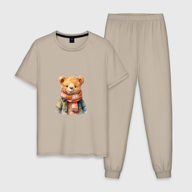 Мужская пижама хлопок с принтом Милый осенний мишка в Тюмени, 100% хлопок | брюки и футболка прямого кроя, без карманов, на брюках мягкая резинка на поясе и по низу штанин
 | 