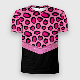 Мужская футболка 3D Slim с принтом Розовый леопард и блестки принт в Санкт-Петербурге, 100% полиэстер с улучшенными характеристиками | приталенный силуэт, круглая горловина, широкие плечи, сужается к линии бедра | Тематика изображения на принте: 