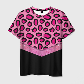 Мужская футболка 3D с принтом Розовый леопард и блестки принт в Санкт-Петербурге, 100% полиэфир | прямой крой, круглый вырез горловины, длина до линии бедер | Тематика изображения на принте: 