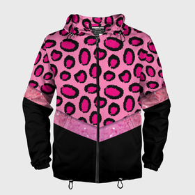 Мужская ветровка 3D с принтом Розовый леопард и блестки принт в Екатеринбурге, 100% полиэстер | подол и капюшон оформлены резинкой с фиксаторами, два кармана без застежек по бокам, один потайной карман на груди | 