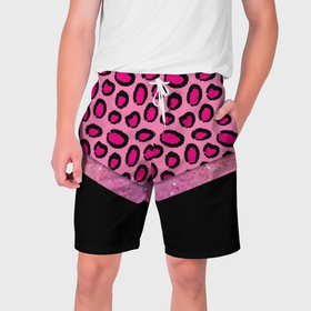 Мужские шорты 3D с принтом Розовый леопард и блестки принт в Кировске,  полиэстер 100% | прямой крой, два кармана без застежек по бокам. Мягкая трикотажная резинка на поясе, внутри которой широкие завязки. Длина чуть выше колен | 