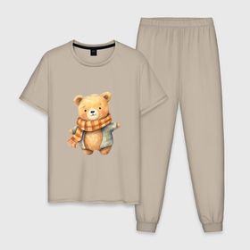 Мужская пижама хлопок с принтом Весёлый мишка осенью в Тюмени, 100% хлопок | брюки и футболка прямого кроя, без карманов, на брюках мягкая резинка на поясе и по низу штанин
 | 