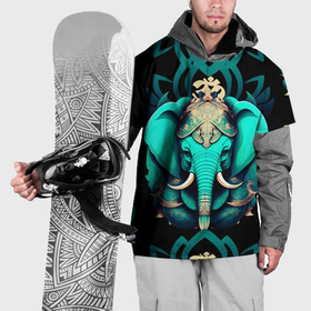 Накидка на куртку 3D с принтом Бирюзовый слон с узорами и лотосом в Санкт-Петербурге, 100% полиэстер |  | Тематика изображения на принте: 