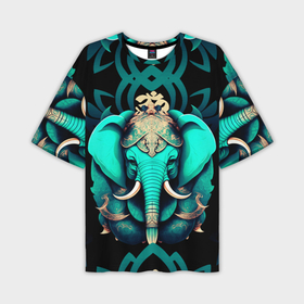 Мужская футболка oversize 3D с принтом Бирюзовый слон с узорами и лотосом в Екатеринбурге,  |  | Тематика изображения на принте: 