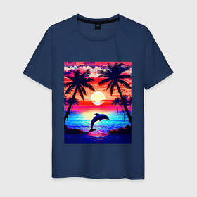 Мужская футболка хлопок с принтом Дельфин в закате в Тюмени, 100% хлопок | прямой крой, круглый вырез горловины, длина до линии бедер, слегка спущенное плечо. | 
