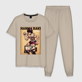 Мужская пижама хлопок с принтом Боец Баки, Ханма Баки в Новосибирске, 100% хлопок | брюки и футболка прямого кроя, без карманов, на брюках мягкая резинка на поясе и по низу штанин
 | 