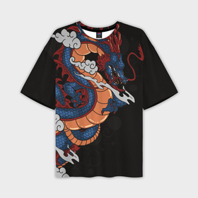 Мужская футболка oversize 3D с принтом Синий парящий дракон в Кировске,  |  | Тематика изображения на принте: 