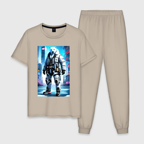 Мужская пижама хлопок с принтом Полярный медведь   киберпанк   нейросеть в Тюмени, 100% хлопок | брюки и футболка прямого кроя, без карманов, на брюках мягкая резинка на поясе и по низу штанин
 | 