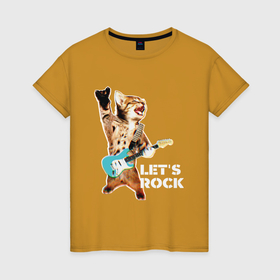 Женская футболка хлопок с принтом Let s rock  Котик рокер в Белгороде, 100% хлопок | прямой крой, круглый вырез горловины, длина до линии бедер, слегка спущенное плечо | 