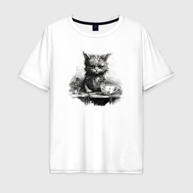 Мужская футболка хлопок Oversize с принтом Недовольный кот с кофе в Екатеринбурге, 100% хлопок | свободный крой, круглый ворот, “спинка” длиннее передней части | 