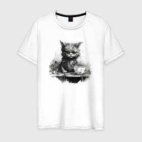 Мужская футболка хлопок с принтом Недовольный кот с кофе в Петрозаводске, 100% хлопок | прямой крой, круглый вырез горловины, длина до линии бедер, слегка спущенное плечо. | 