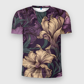 Мужская футболка 3D Slim с принтом Фантазийные цветы на фиолетовом фоне в Тюмени, 100% полиэстер с улучшенными характеристиками | приталенный силуэт, круглая горловина, широкие плечи, сужается к линии бедра | 