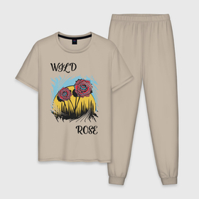 Мужская пижама хлопок с принтом Wild rose в Кировске, 100% хлопок | брюки и футболка прямого кроя, без карманов, на брюках мягкая резинка на поясе и по низу штанин
 | 
