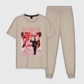 Мужская пижама хлопок с принтом David Bowie 90 Aladdin Sane в Тюмени, 100% хлопок | брюки и футболка прямого кроя, без карманов, на брюках мягкая резинка на поясе и по низу штанин
 | Тематика изображения на принте: 