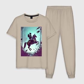 Мужская пижама хлопок с принтом Всадник   киберпанк   нейросеть в Тюмени, 100% хлопок | брюки и футболка прямого кроя, без карманов, на брюках мягкая резинка на поясе и по низу штанин
 | 