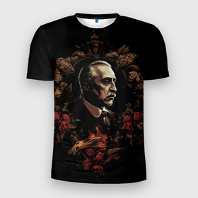 Мужская футболка 3D Slim с принтом Портрет Дон Вито Корлеоне в Белгороде, 100% полиэстер с улучшенными характеристиками | приталенный силуэт, круглая горловина, широкие плечи, сужается к линии бедра | Тематика изображения на принте: 