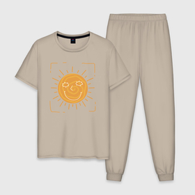Мужская пижама хлопок с принтом Радостное солнце , 100% хлопок | брюки и футболка прямого кроя, без карманов, на брюках мягкая резинка на поясе и по низу штанин
 | 
