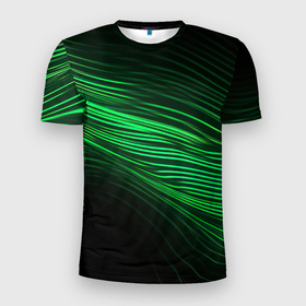 Мужская футболка 3D Slim с принтом Green  neon  lines в Екатеринбурге, 100% полиэстер с улучшенными характеристиками | приталенный силуэт, круглая горловина, широкие плечи, сужается к линии бедра | Тематика изображения на принте: 