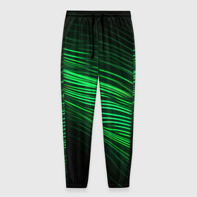 Мужские брюки 3D с принтом Green  neon  lines , 100% полиэстер | манжеты по низу, эластичный пояс регулируется шнурком, по бокам два кармана без застежек, внутренняя часть кармана из мелкой сетки | Тематика изображения на принте: 