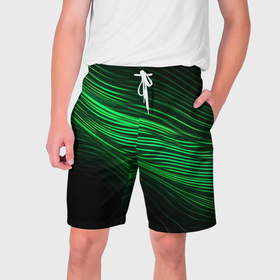 Мужские шорты 3D с принтом Green  neon  lines ,  полиэстер 100% | прямой крой, два кармана без застежек по бокам. Мягкая трикотажная резинка на поясе, внутри которой широкие завязки. Длина чуть выше колен | Тематика изображения на принте: 