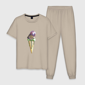 Мужская пижама хлопок с принтом Мороженое шарики в Тюмени, 100% хлопок | брюки и футболка прямого кроя, без карманов, на брюках мягкая резинка на поясе и по низу штанин
 | Тематика изображения на принте: 