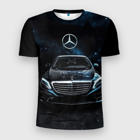 Мужская футболка 3D Slim с принтом Mercedes Benz space background , 100% полиэстер с улучшенными характеристиками | приталенный силуэт, круглая горловина, широкие плечи, сужается к линии бедра | 