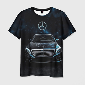 Мужская футболка 3D с принтом Mercedes Benz space background в Курске, 100% полиэфир | прямой крой, круглый вырез горловины, длина до линии бедер | 