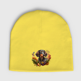 Мужская шапка демисезонная с принтом Такса гладкошерстная черно подпалая с венком из осенних листьев в Тюмени,  |  | Тематика изображения на принте: 