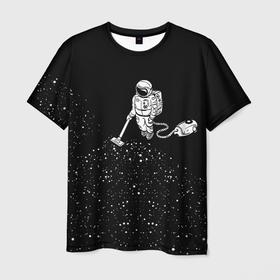 Мужская футболка 3D с принтом Космонавт пылесосит звезды в Белгороде, 100% полиэфир | прямой крой, круглый вырез горловины, длина до линии бедер | 