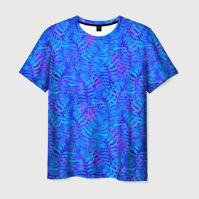 Мужская футболка 3D с принтом Синие неоновые листья в Кировске, 100% полиэфир | прямой крой, круглый вырез горловины, длина до линии бедер | 