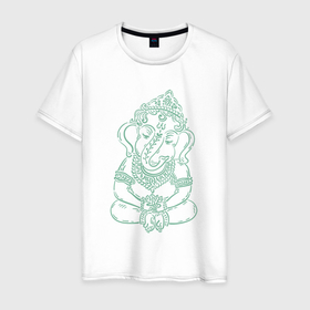 Мужская футболка хлопок с принтом Ганеша зеленый лайн в Тюмени, 100% хлопок | прямой крой, круглый вырез горловины, длина до линии бедер, слегка спущенное плечо. | 