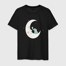 Мужская футболка хлопок с принтом Слонёнок на луне в Кировске, 100% хлопок | прямой крой, круглый вырез горловины, длина до линии бедер, слегка спущенное плечо. | 