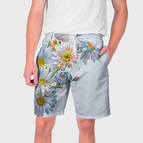Мужские шорты 3D с принтом Ромашковый презент в Тюмени,  полиэстер 100% | прямой крой, два кармана без застежек по бокам. Мягкая трикотажная резинка на поясе, внутри которой широкие завязки. Длина чуть выше колен | 