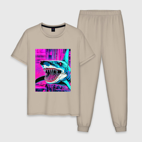 Мужская пижама хлопок с принтом Акула из глубины в Тюмени, 100% хлопок | брюки и футболка прямого кроя, без карманов, на брюках мягкая резинка на поясе и по низу штанин
 | 