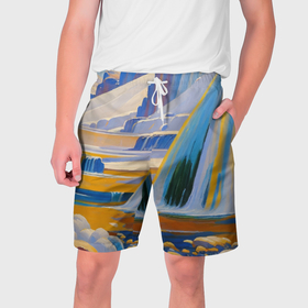 Мужские шорты 3D с принтом Живописные водопады в Екатеринбурге,  полиэстер 100% | прямой крой, два кармана без застежек по бокам. Мягкая трикотажная резинка на поясе, внутри которой широкие завязки. Длина чуть выше колен | 