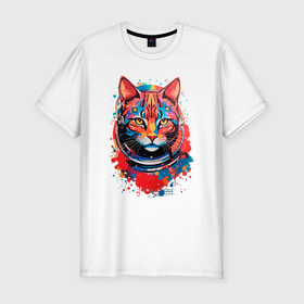 Мужская футболка хлопок Slim с принтом Cosmic cat в Кировске, 92% хлопок, 8% лайкра | приталенный силуэт, круглый вырез ворота, длина до линии бедра, короткий рукав | 
