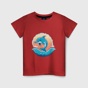 Детская футболка хлопок с принтом Веселый дельфин на море в Санкт-Петербурге, 100% хлопок | круглый вырез горловины, полуприлегающий силуэт, длина до линии бедер | 