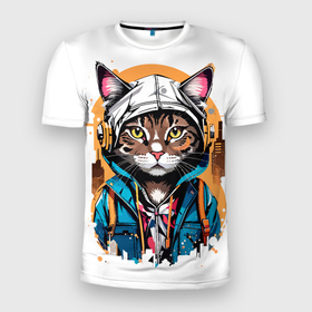 Мужская футболка 3D Slim с принтом Urban cat lucky в Тюмени, 100% полиэстер с улучшенными характеристиками | приталенный силуэт, круглая горловина, широкие плечи, сужается к линии бедра | Тематика изображения на принте: 