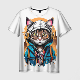 Мужская футболка 3D с принтом Urban cat lucky в Тюмени, 100% полиэфир | прямой крой, круглый вырез горловины, длина до линии бедер | Тематика изображения на принте: 