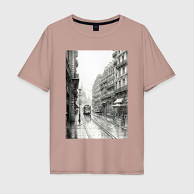 Мужская футболка хлопок Oversize с принтом Черно белый париж в Санкт-Петербурге, 100% хлопок | свободный крой, круглый ворот, “спинка” длиннее передней части | 