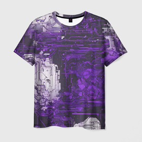 Мужская футболка 3D с принтом Киберпанк заражение фиолетовое в Курске, 100% полиэфир | прямой крой, круглый вырез горловины, длина до линии бедер | 