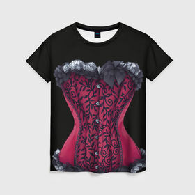 Женская футболка 3D с принтом Красный кружевной корсет в викторианском стиле в Санкт-Петербурге, 100% полиэфир ( синтетическое хлопкоподобное полотно) | прямой крой, круглый вырез горловины, длина до линии бедер | Тематика изображения на принте: 