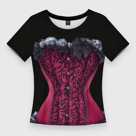 Женская футболка 3D Slim с принтом Красный кружевной корсет в викторианском стиле в Кировске,  |  | Тематика изображения на принте: 