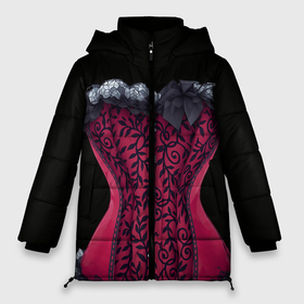 Женская зимняя куртка Oversize с принтом Красный кружевной корсет в викторианском стиле , верх — 100% полиэстер; подкладка — 100% полиэстер; утеплитель — 100% полиэстер | длина ниже бедра, силуэт Оверсайз. Есть воротник-стойка, отстегивающийся капюшон и ветрозащитная планка. 

Боковые карманы с листочкой на кнопках и внутренний карман на молнии | 