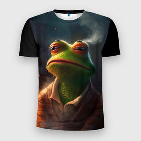 Мужская футболка 3D Slim с принтом Frog  Pepe в Петрозаводске, 100% полиэстер с улучшенными характеристиками | приталенный силуэт, круглая горловина, широкие плечи, сужается к линии бедра | 
