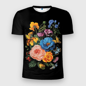Мужская футболка 3D Slim с принтом Садовые цветы и бабочки в Екатеринбурге, 100% полиэстер с улучшенными характеристиками | приталенный силуэт, круглая горловина, широкие плечи, сужается к линии бедра | 