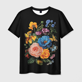 Мужская футболка 3D с принтом Садовые цветы и бабочки в Петрозаводске, 100% полиэфир | прямой крой, круглый вырез горловины, длина до линии бедер | 