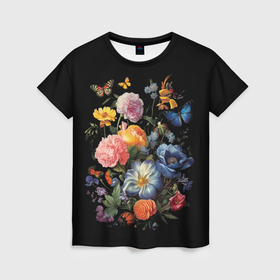 Женская футболка 3D с принтом Цветы и бабочки на черном фоне в Тюмени, 100% полиэфир ( синтетическое хлопкоподобное полотно) | прямой крой, круглый вырез горловины, длина до линии бедер | 