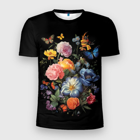 Мужская футболка 3D Slim с принтом Цветы и бабочки на черном фоне в Екатеринбурге, 100% полиэстер с улучшенными характеристиками | приталенный силуэт, круглая горловина, широкие плечи, сужается к линии бедра | 
