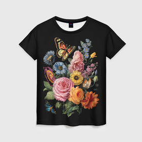 Женская футболка 3D с принтом Цветочки   и бабочки в Тюмени, 100% полиэфир ( синтетическое хлопкоподобное полотно) | прямой крой, круглый вырез горловины, длина до линии бедер | 